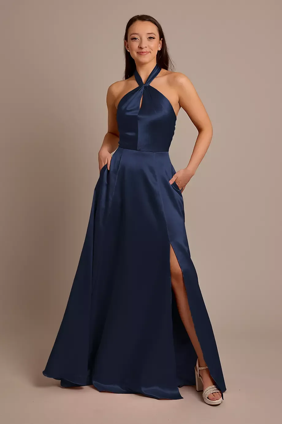 Celebrate DB Studio Luxe Charmeuse Halter Dress in Marine Size: 26 David's Bridal