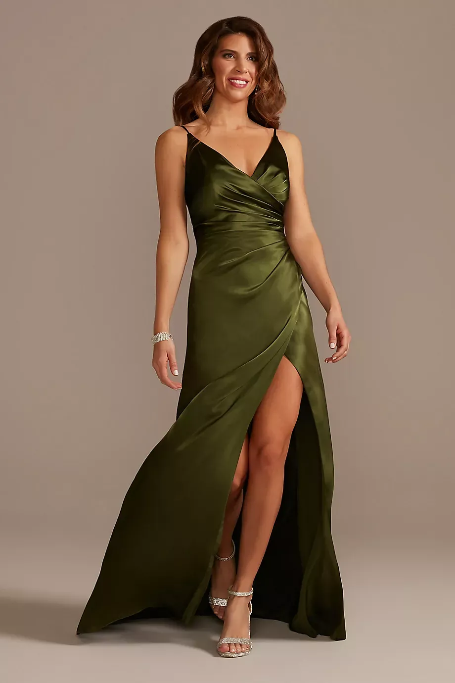 Galina Signature Charmeuse Draped Strappy Dress in Martini Olive Size: 2 David's Bridal