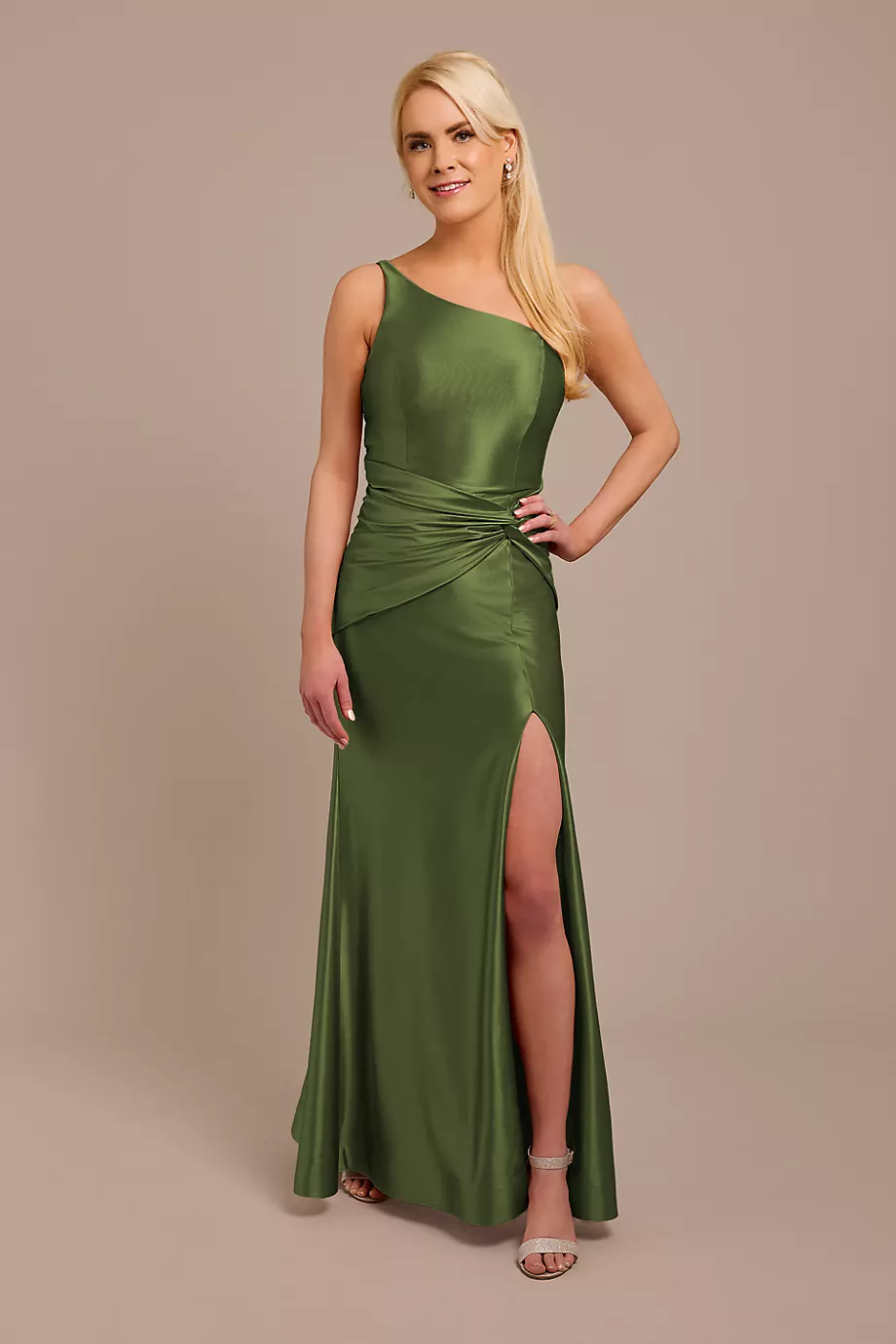 Galina Signature Sculpting Satin One-Shoulder Knot Dress in Martini Olive Size: 18 David's Bridal
