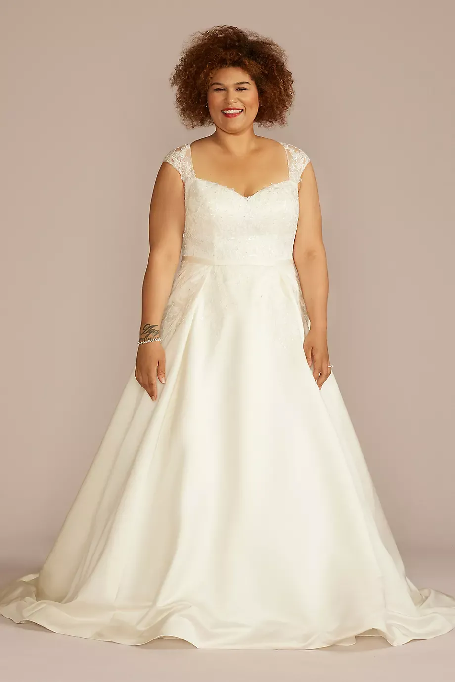 Oleg Cassini Lace Applique Cap Sleeve Satin Wedding Dress in Ivory Size: 26W David's Bridal