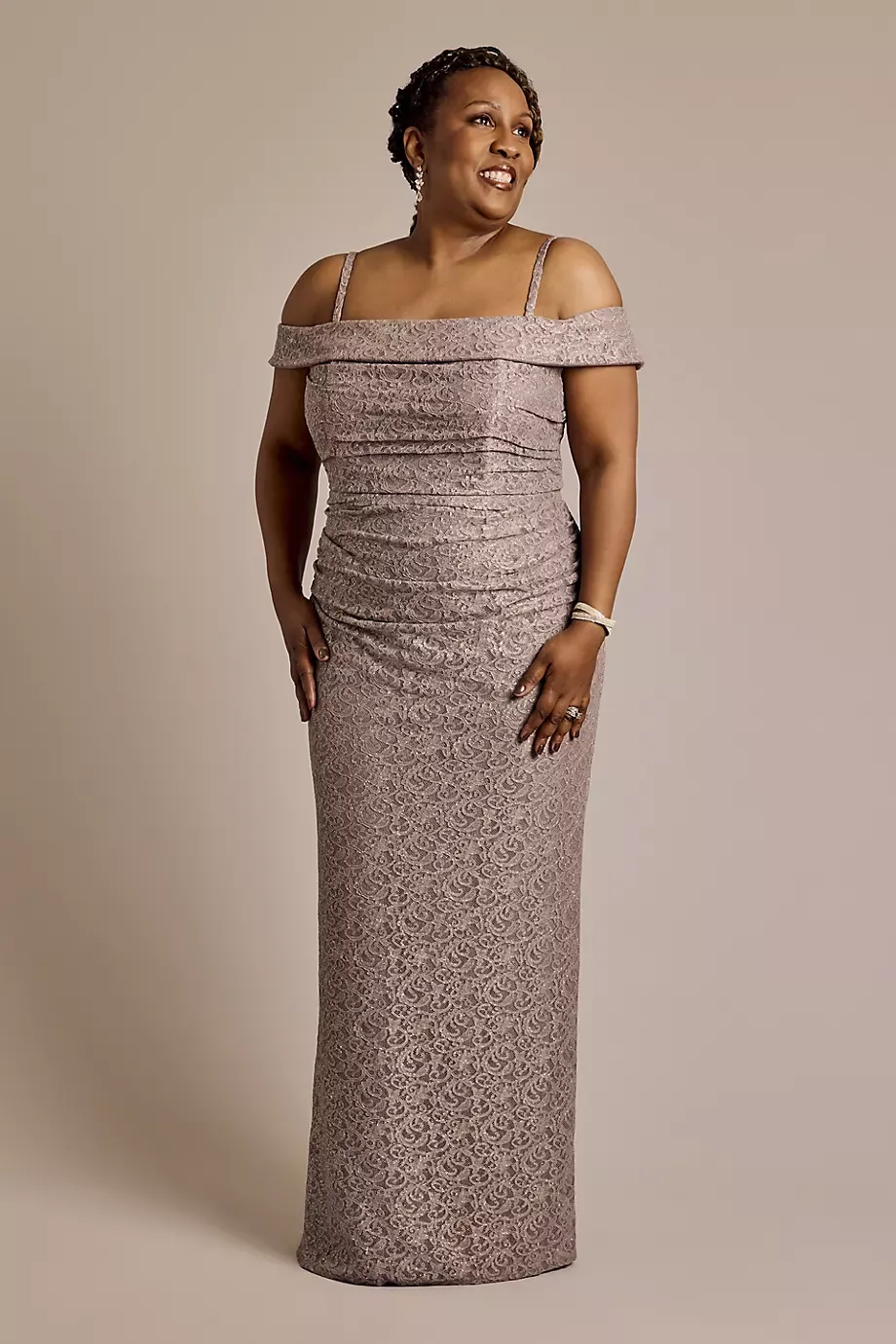 Oleg Cassini Off-The-Shoulder Ruched Lace Sheath Dress in Portobello Size: 24W David's Bridal