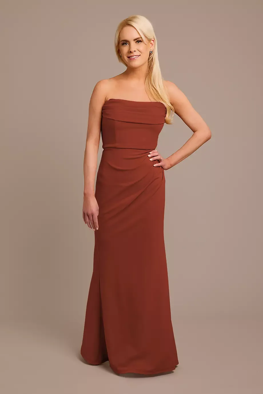 Celebrate DB Studio Stretch Crepe Strapless Cowl Neck Dress in Cinnamon Size: 18 David's Bridal
