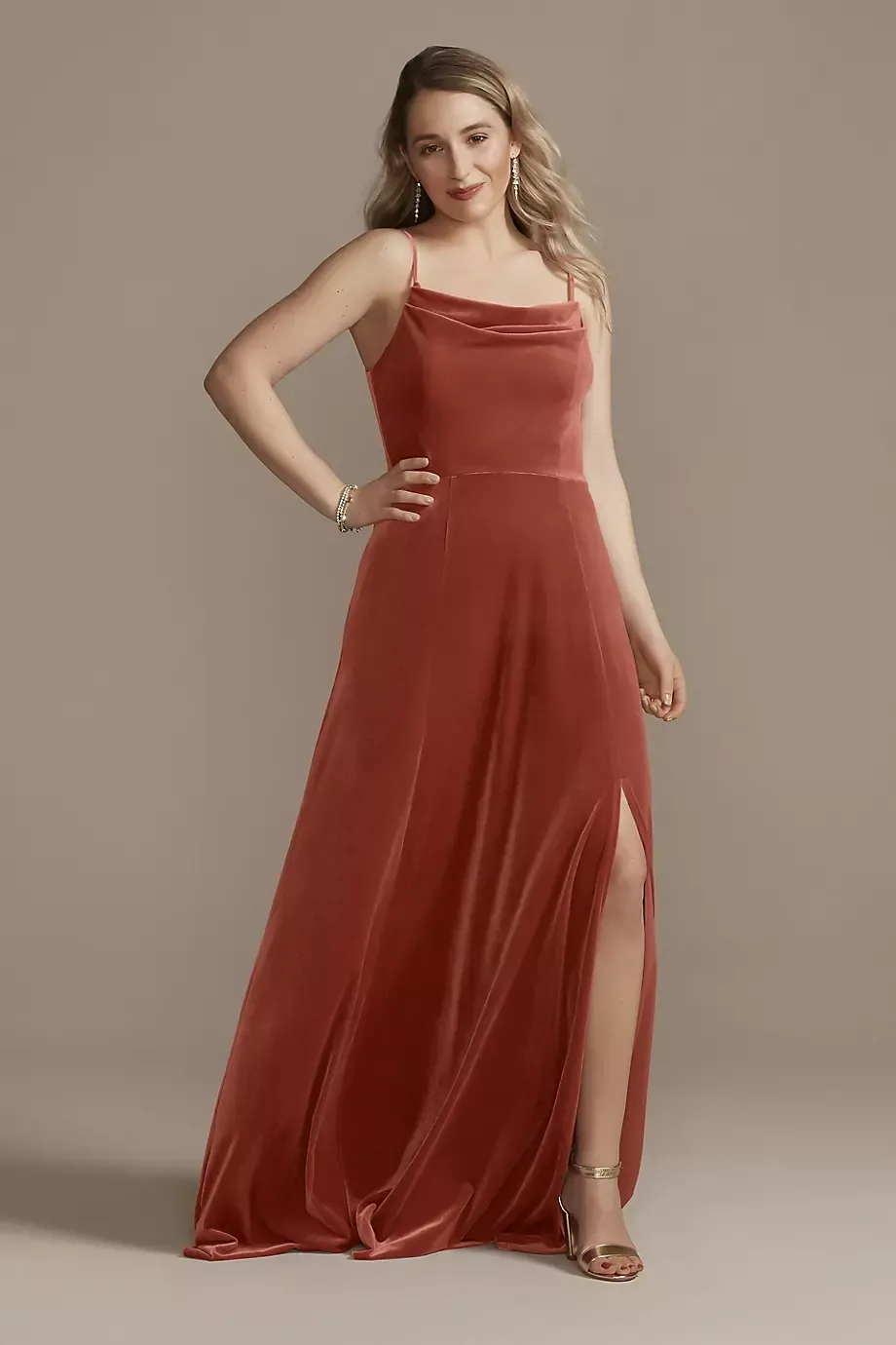 Celebrate DB Studio Velvet Cowl Neck Spaghetti Strap Dress in Cinnamon Size: 8 David's Bridal