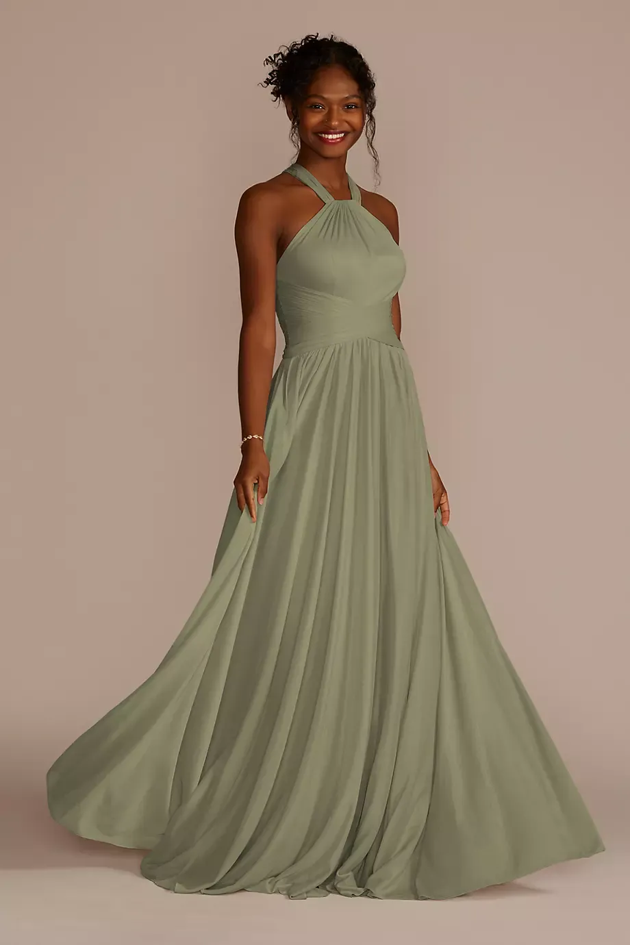 Celebrate DB Studio High-Neck Mesh Bridesmaid Dress With Full Skirt in Eucalyptus Size: 26 David's Bridal