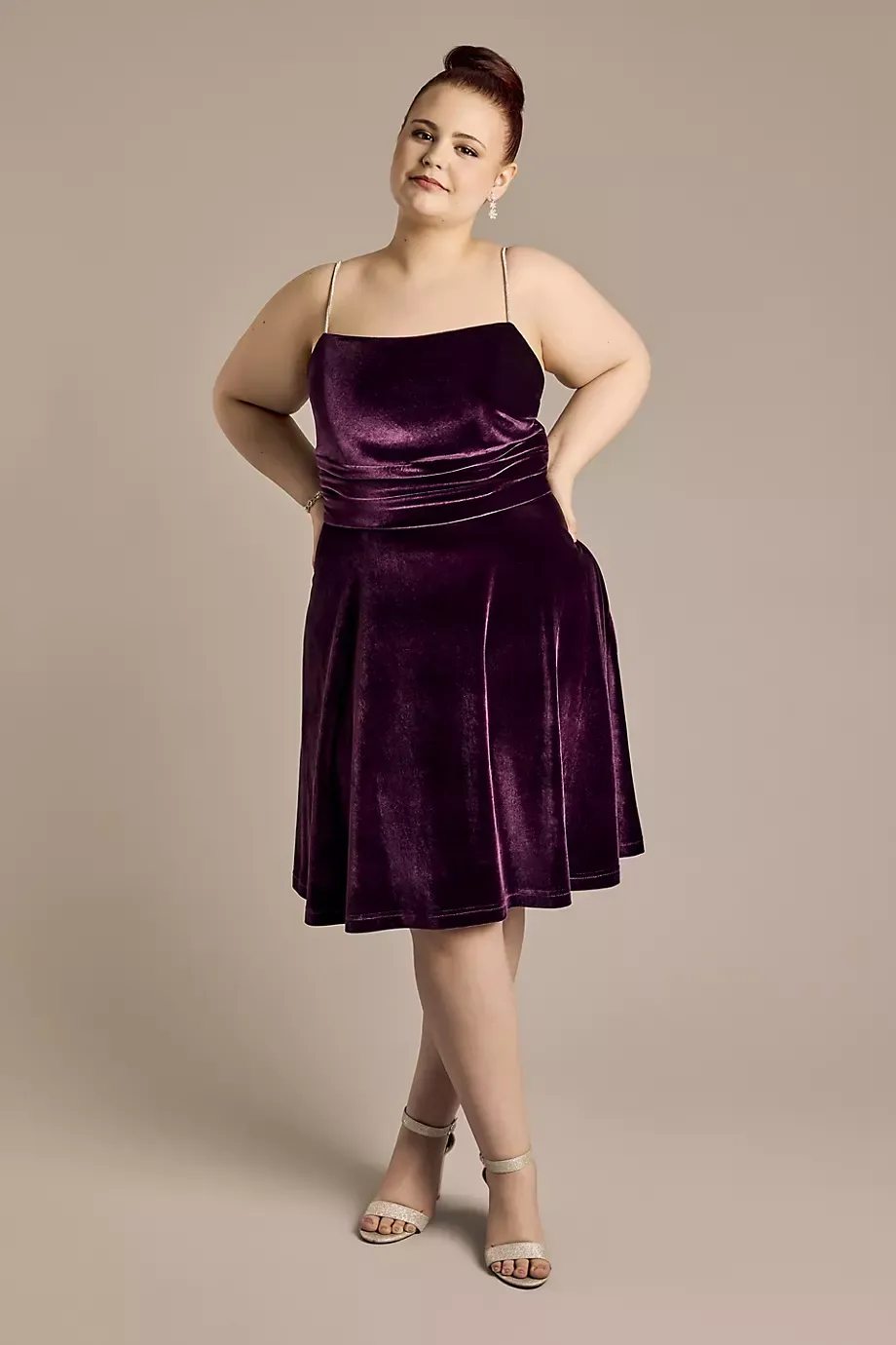 Jules and Cleo Crystal Rope Strap Velvet A-Line Short Dress in Plum Size: 22 David's Bridal