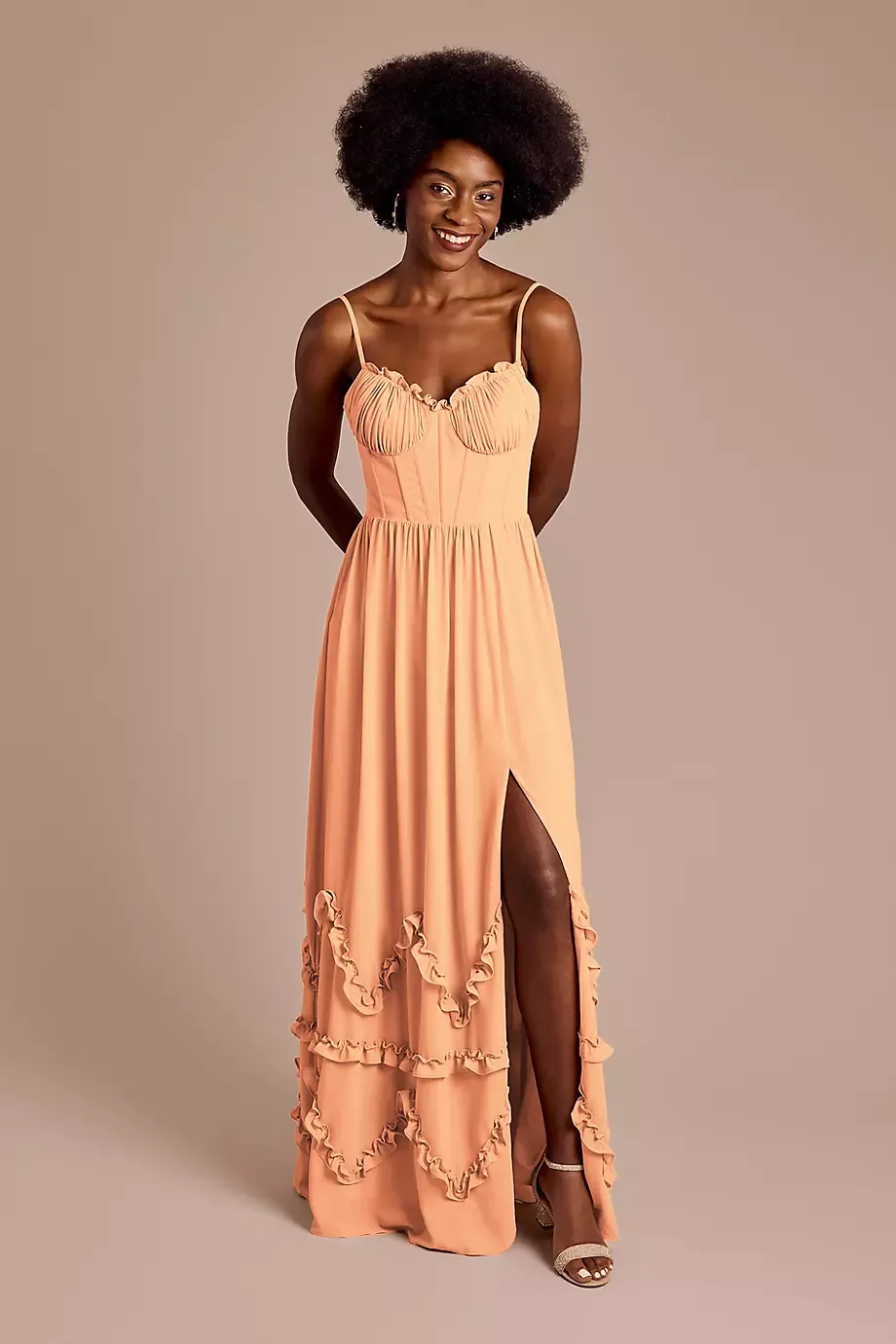 Celebrate DB Studio Ruffled Chiffon Spaghetti Strap Dress in Orange Sorbet Size: 10 David's Bridal
