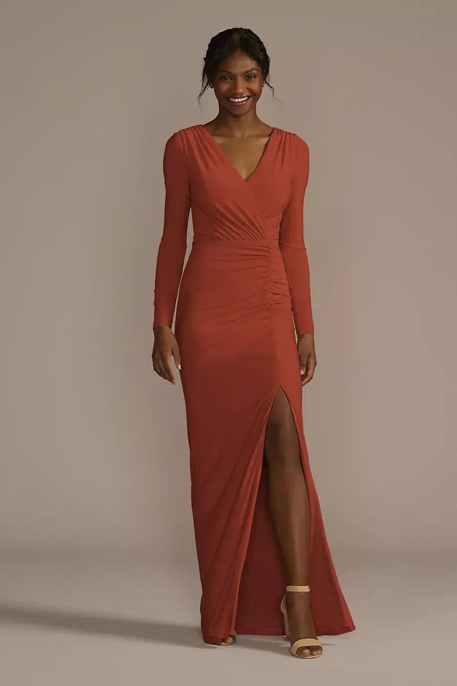 Celebrate DB Studio Long Sleeve Ruched Jersey Sheath Dress in Cinnamon Size: 0 David's Bridal