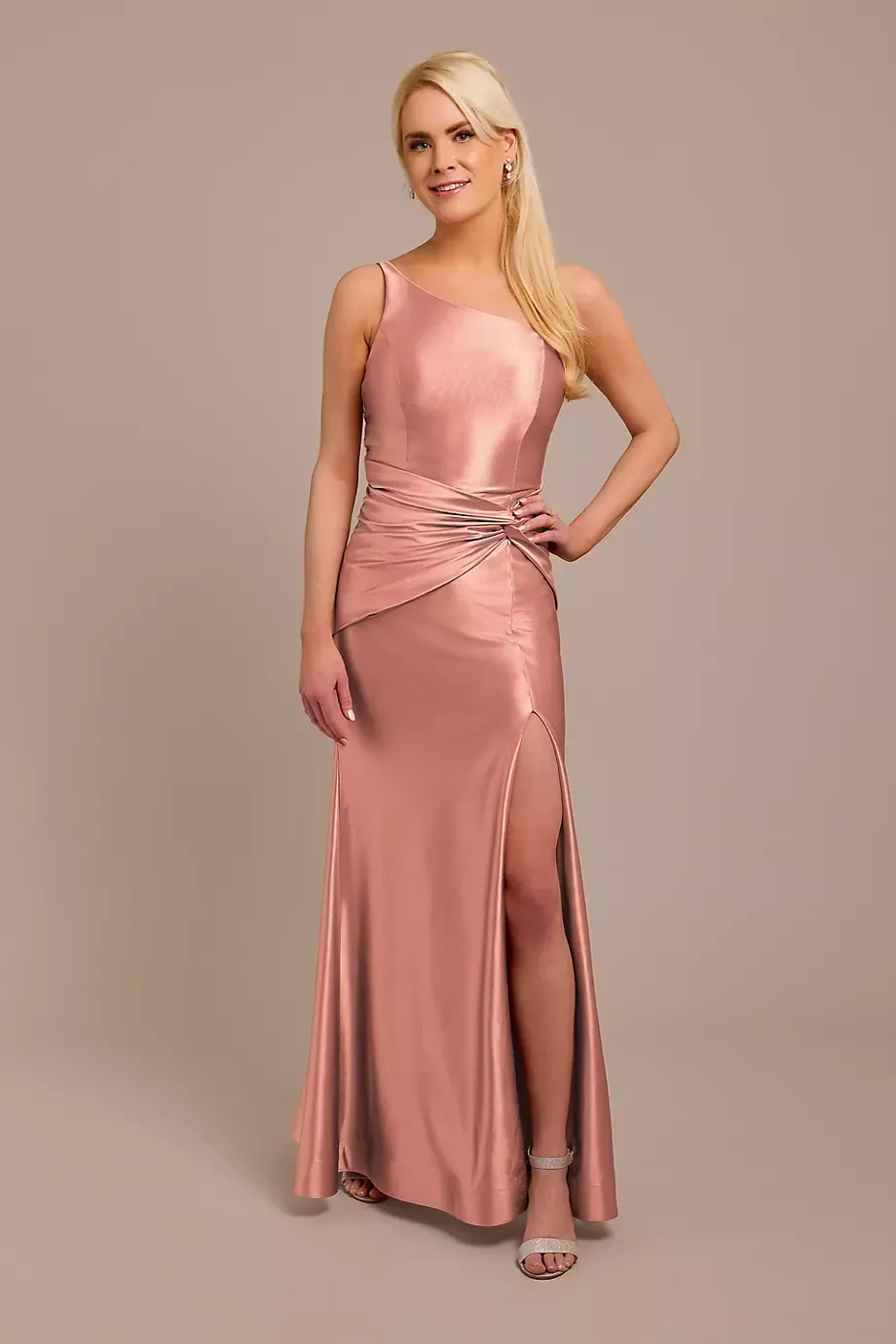 Galina Signature Sculpting Satin One-Shoulder Knot Dress in Desert Coral Size: 6 David's Bridal