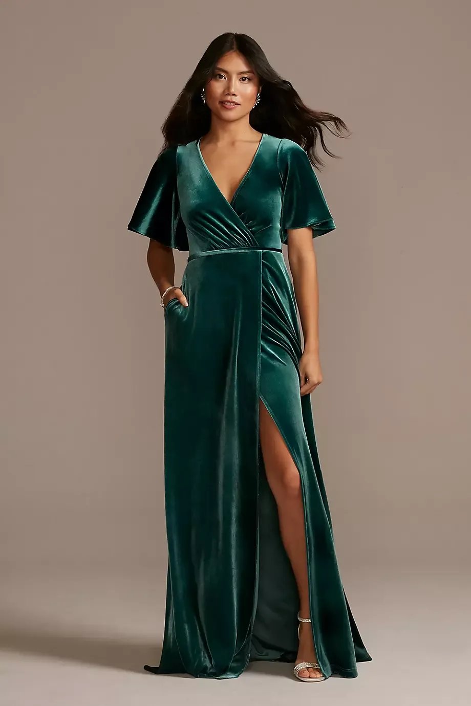 Celebrate DB Studio Stretch Velvet Flutter Sleeve Dress in Gem Size: 10 David's Bridal