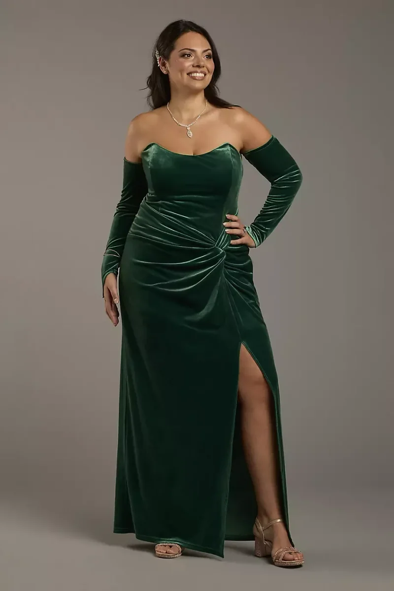 Galina Signature Strapless Velvet Sheath Dress With Matching Gloves in Juniper Size: 26 David's Bridal