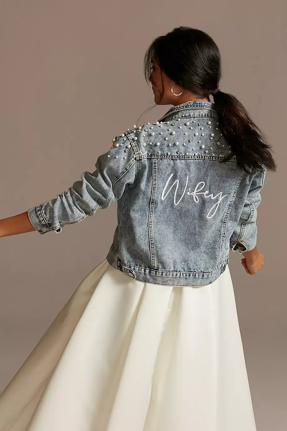 DB Studio Wifey Pearl And Crystal Studded Denim Jacket in Blue Size: Small David's Bridal