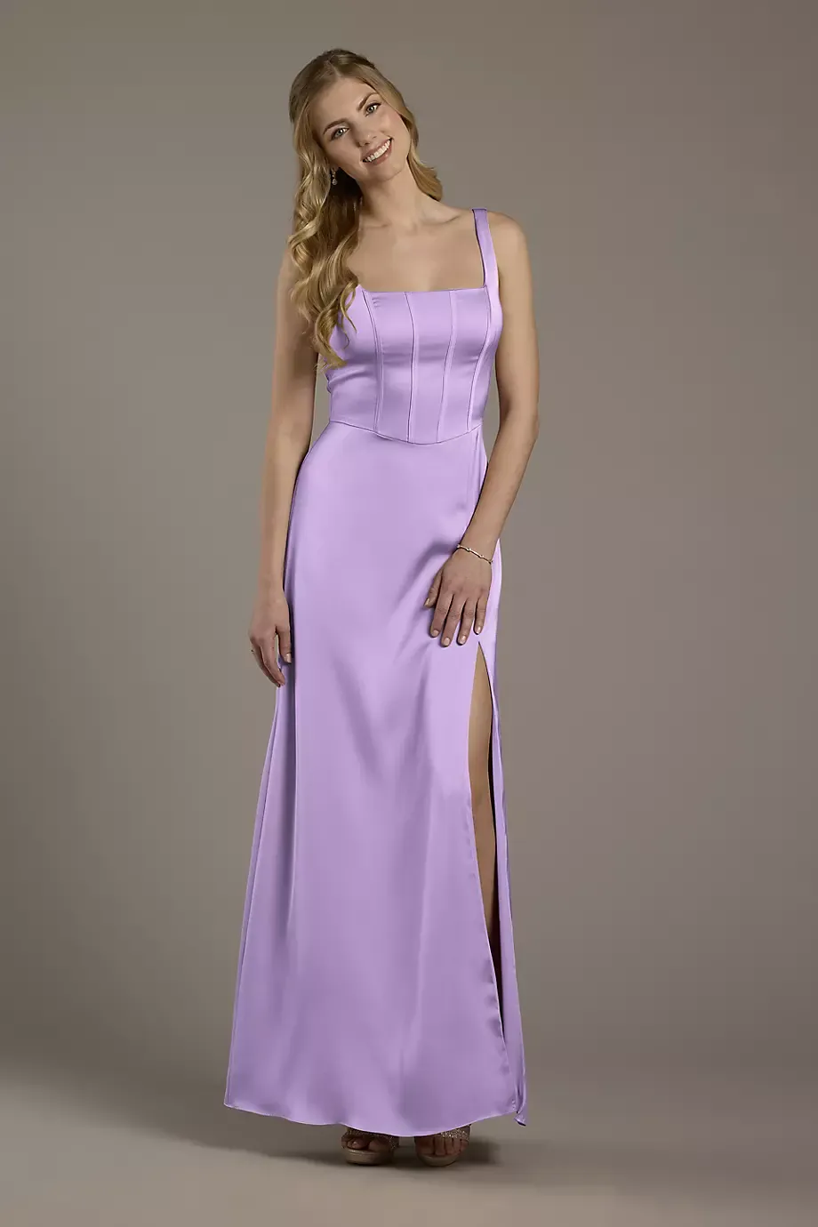 Celebrate DB Studio Matte Satin Corset Bodice Square Neck A-Line Dress in Lavender Size: 18 David's Bridal