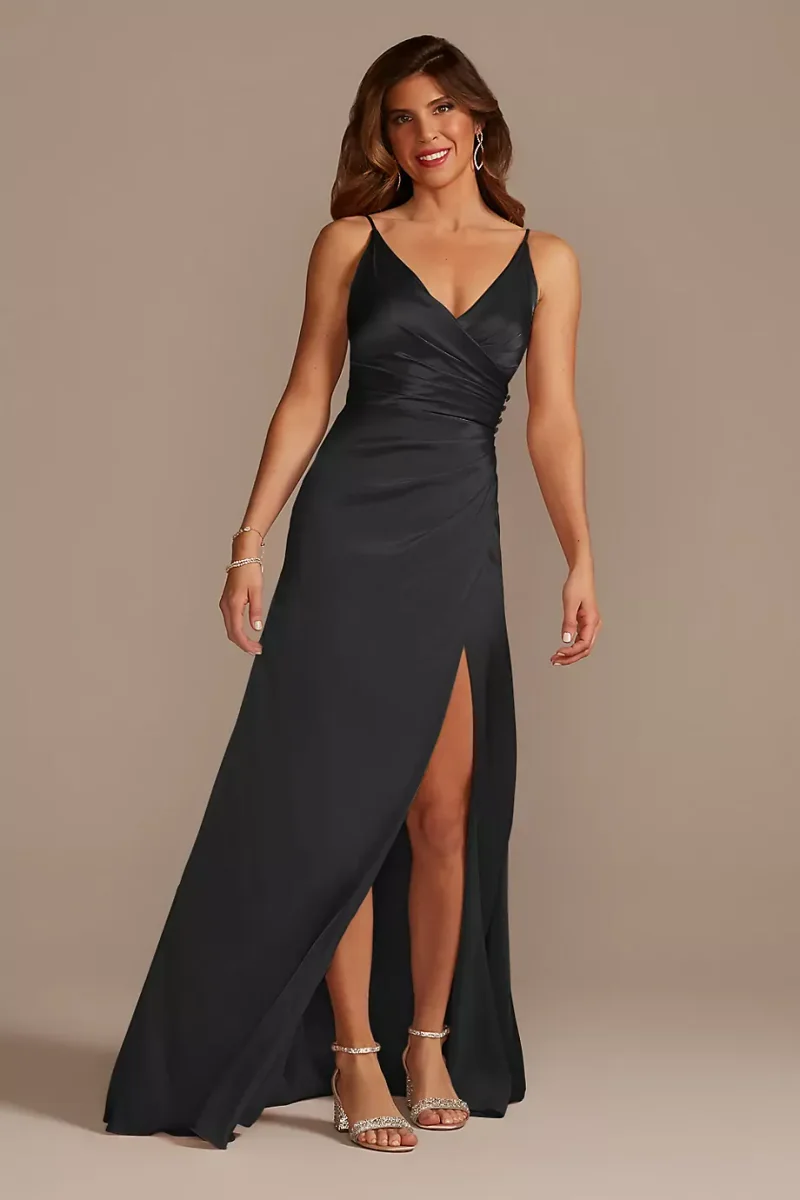 Galina Signature Charmeuse Draped Strappy Dress in Black Size: 4 David's Bridal