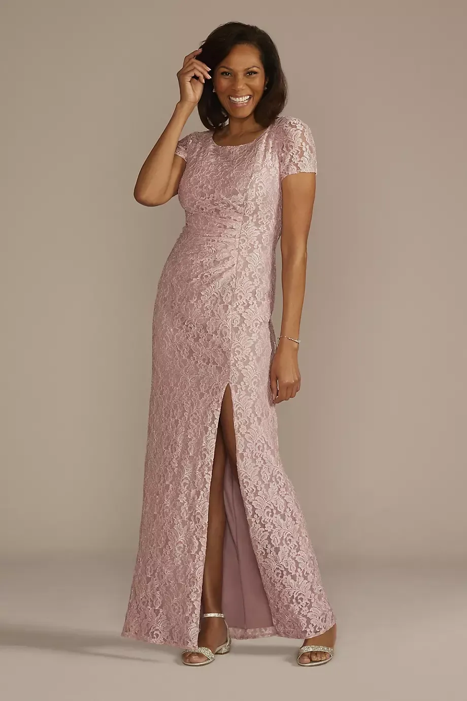 Oleg Cassini Scoop Neck Gathered Lace Sheath Dress With Slit in Quartz Size: 14 David's Bridal
