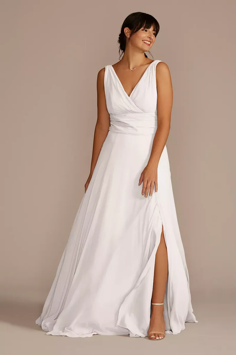 Celebrate DB Studio Long Chiffon Surplice Tank Bridesmaid Dress in White Size: 4 David's Bridal