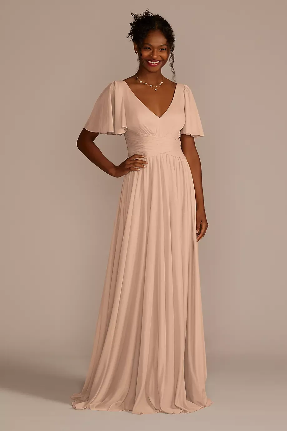 Celebrate DB Studio Flutter Sleeve Crisscross Mesh Dress in Sand Size: 26 David's Bridal