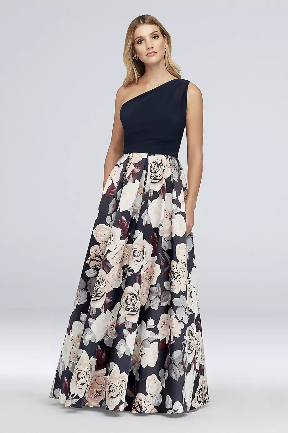 Betsy and Adam Printed Satin And Jersey One-Shoulder Ball Gown in Navy Size: 6 David's Bridal