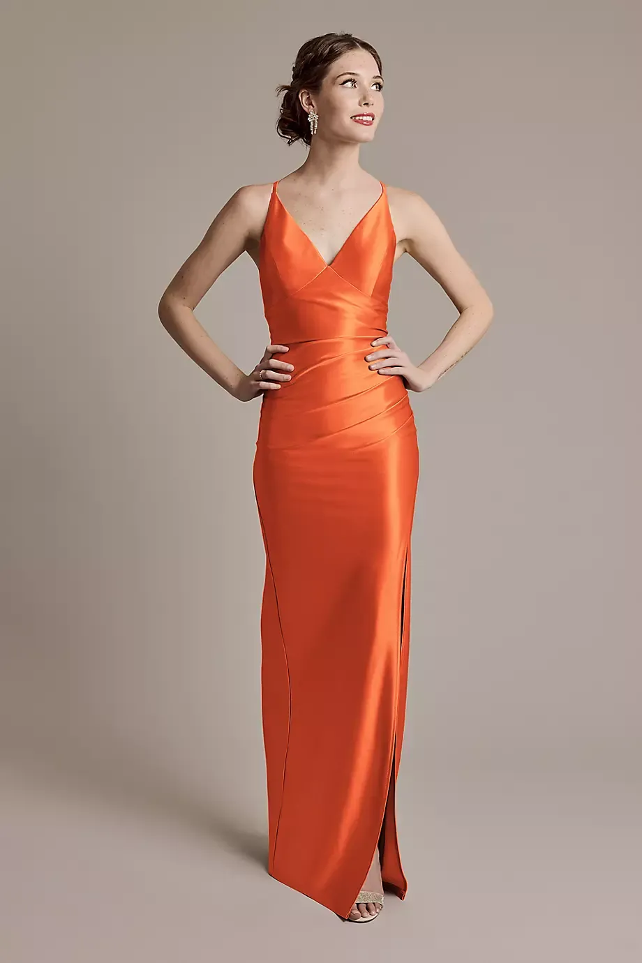 Celebrate DB Studio Sculpting Satin V-Neck Cross-Back Dress in Sunset Coral Size: 8 David's Bridal
