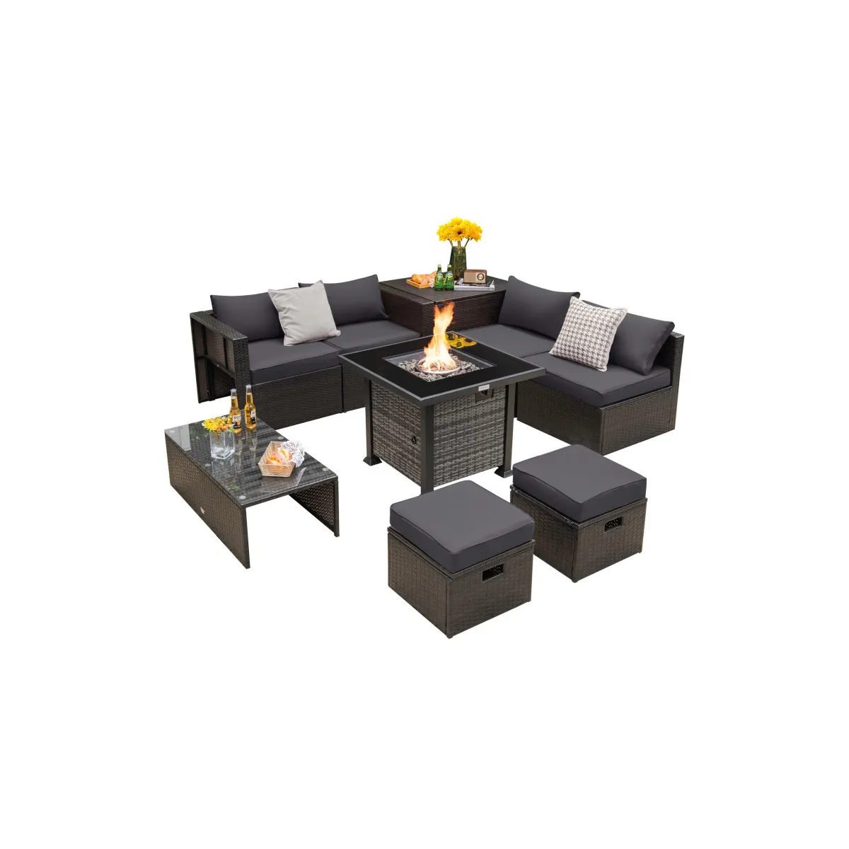 9-Piece Outdoor Furniture Set with Fire Table - Black