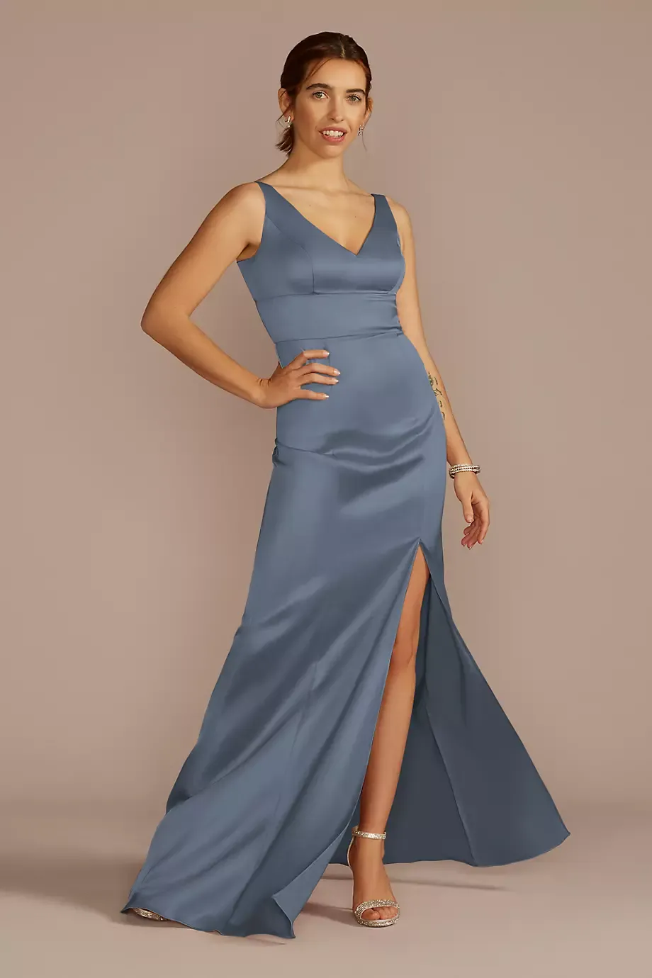 Celebrate DB Studio Stretch Satin V-Neck Tank Sheath Dress in Steel Blue Size: 26 David's Bridal