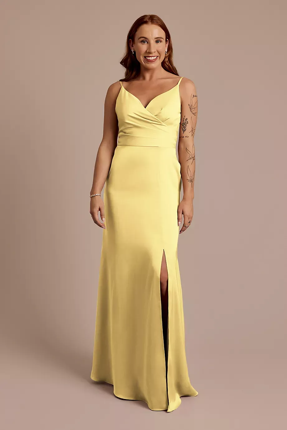 Celebrate DB Studio Matte Satin Spaghetti Strap Surplice A-Line Dress in Pale Yellow Size: 26 David's Bridal
