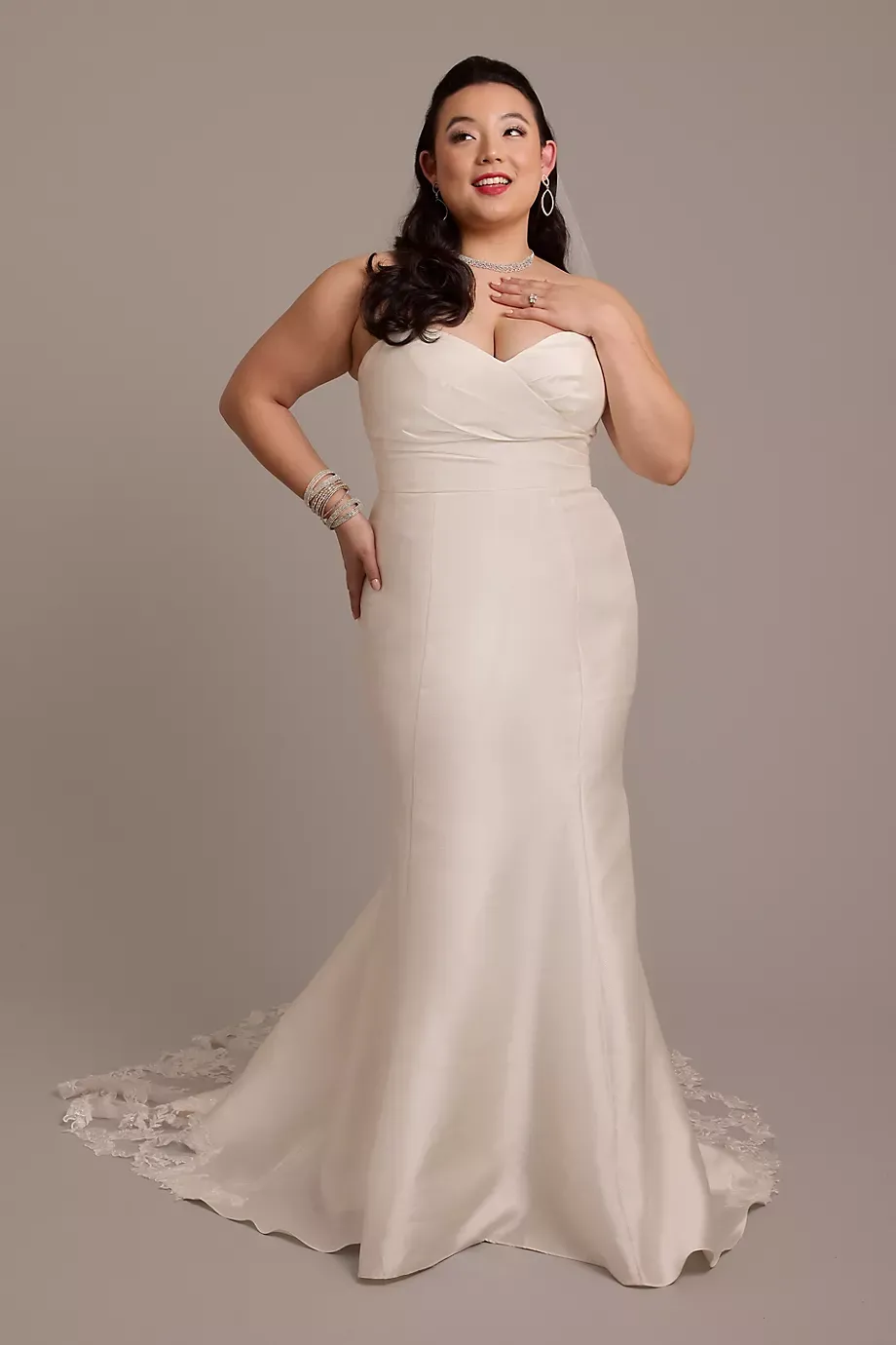 Oleg Cassini Mikado Trumpet Wedding Dress With Lace Train in Ivory Size: 24W David's Bridal
