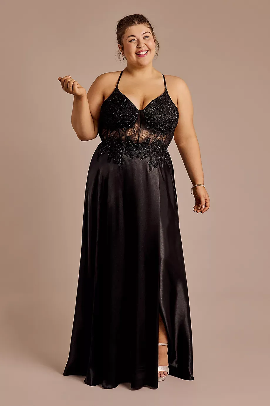 Blondie Nites Charmeuse A-Line Dress With Appliqued Bodice in Black Size: 23 David's Bridal