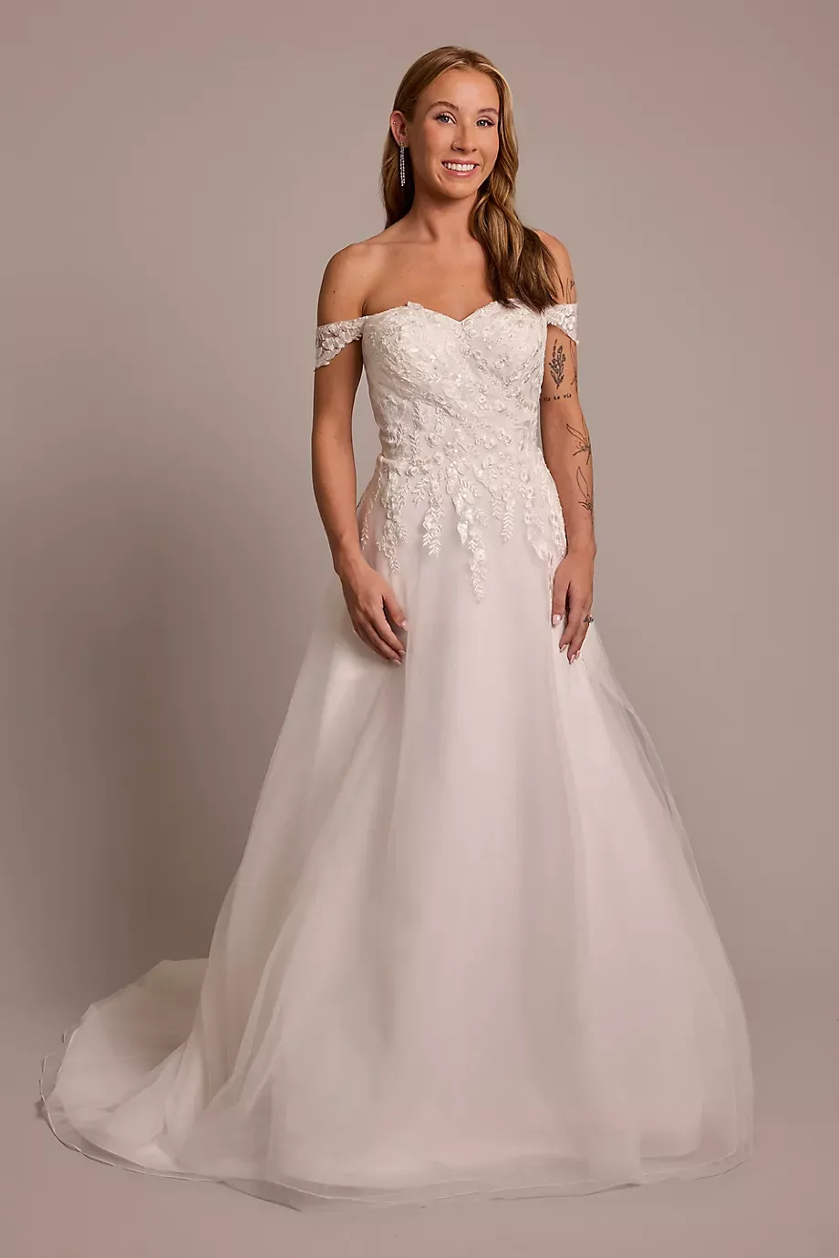 DB Studio Off-The-Shoulder Appliqued A-Line Wedding Dress in Soft White Size: 10 David's Bridal