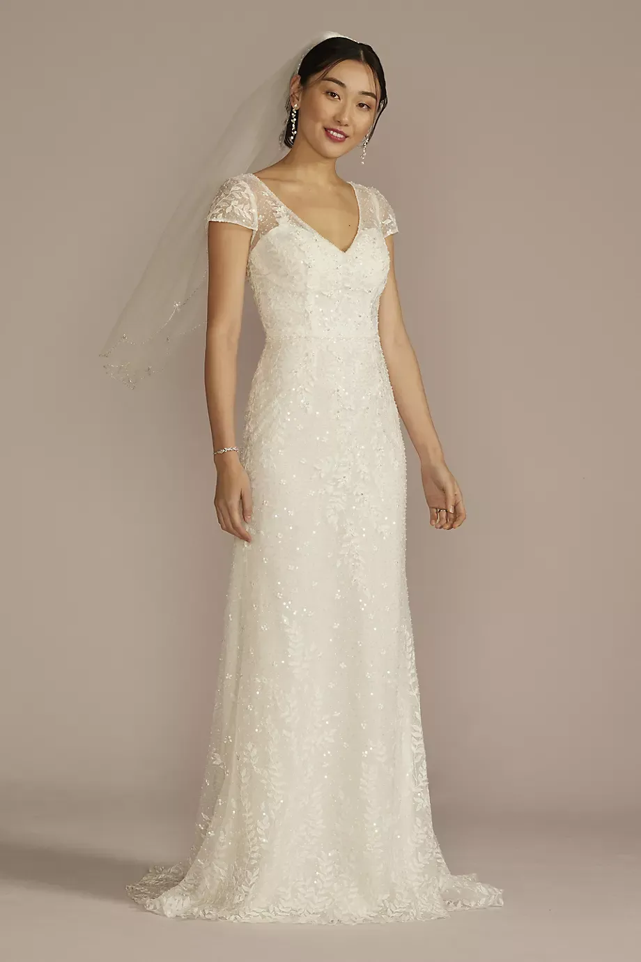 As Is Cap Sleeve V-Neck Beaded Lace Wedding Dress in Solid Ivory Size: 4 David's Bridal