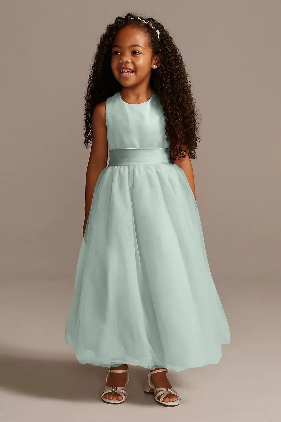 Satin Flower Girl Dress With Tulle Skirt in Dusty Sage Size: 3 David's Bridal