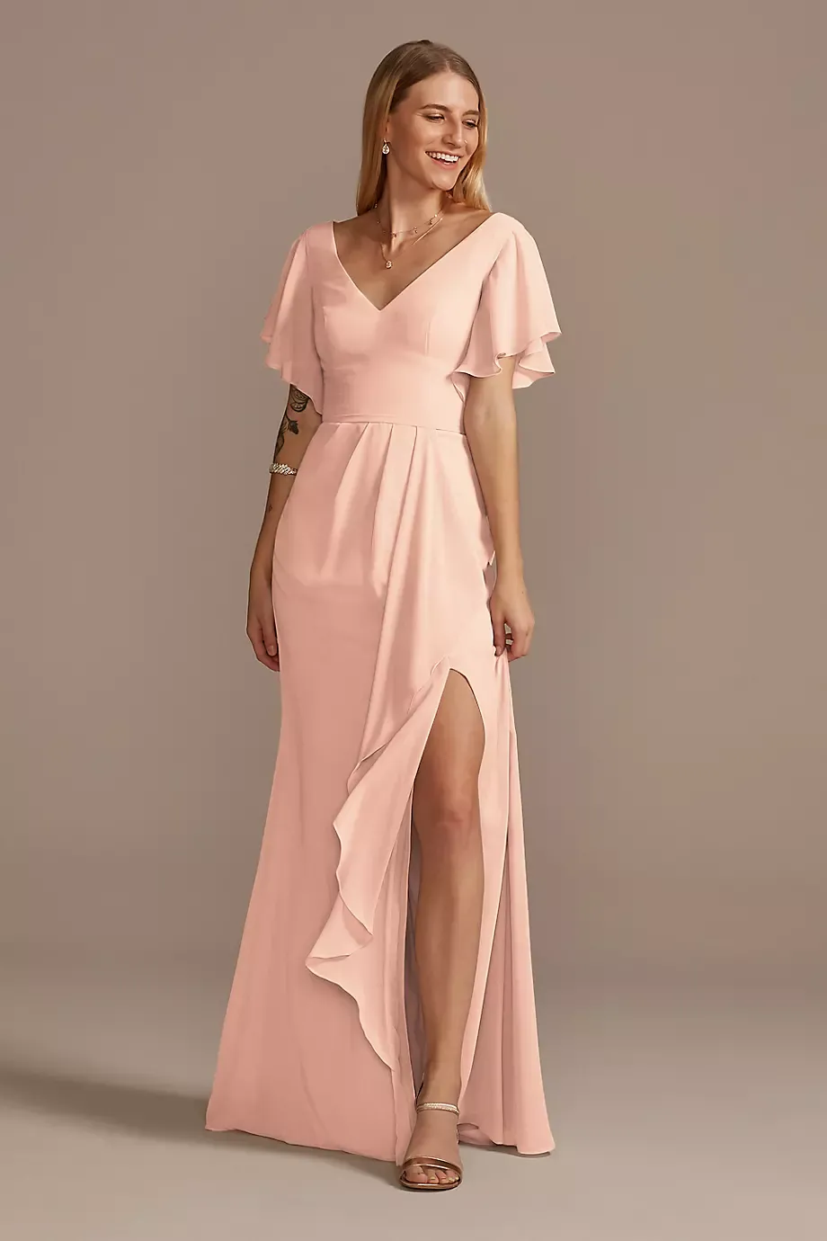 Celebrate DB Studio Flutter Sleeve Dress With Cascade in Petal Size: 30 David's Bridal
