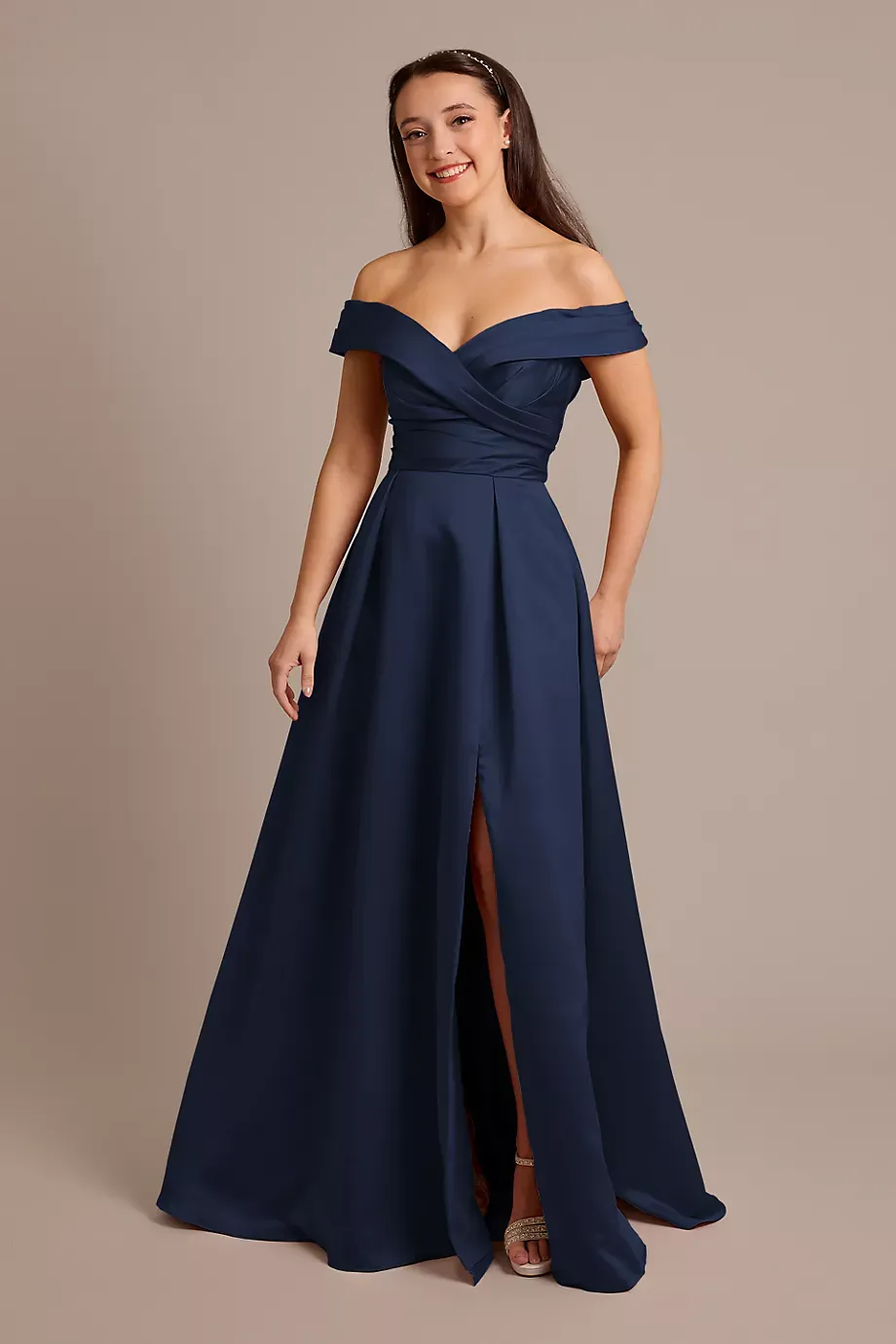 Celebrate DB Studio Satin Off-The-Shoulder Ball Gown Dress in Marine Size: 18 David's Bridal