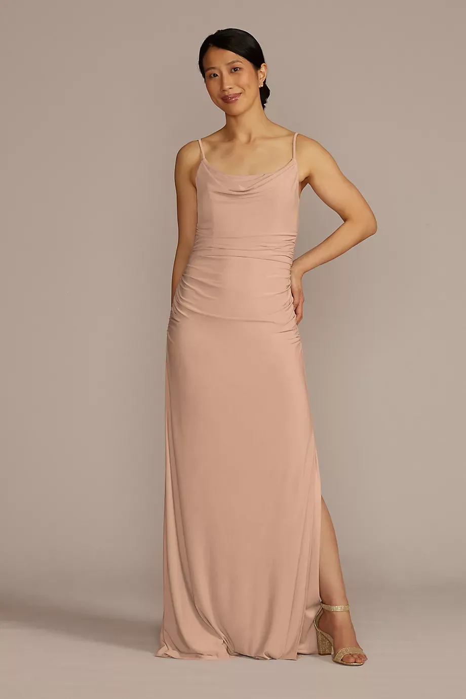 Celebrate DB Studio Ruched Jersey Spaghetti Strap Dress in Sand Size: 0 David's Bridal