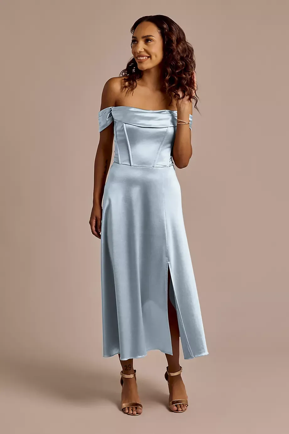 Celebrate DB Studio Off-The-Shoulder Sculpting Satin Midi Dress in Dusty Blue Size: 14 David's Bridal