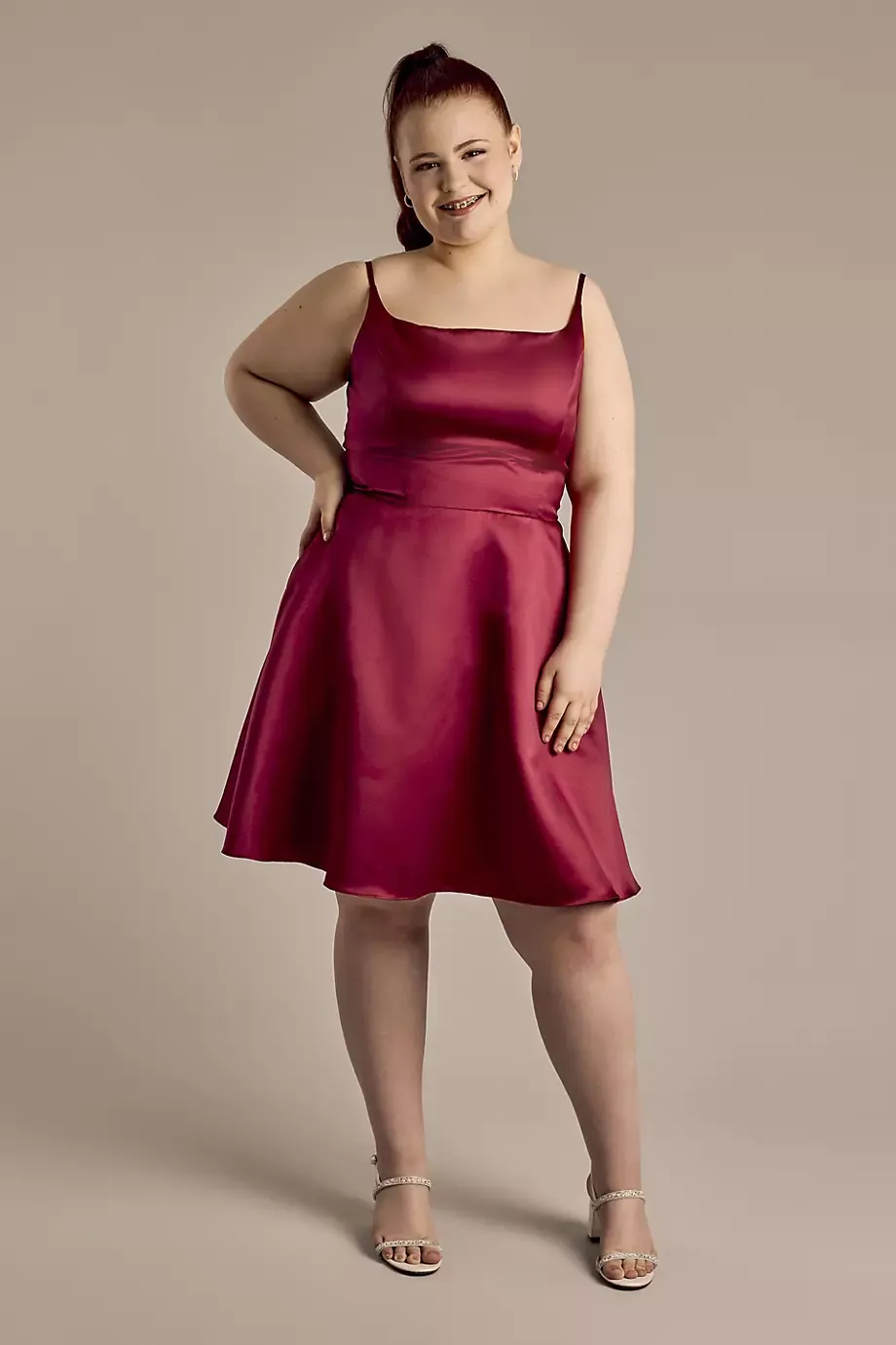 Jules and Cleo Square Neck Mini Dress With Lace-Up Back in Crimson Size: 18 David's Bridal