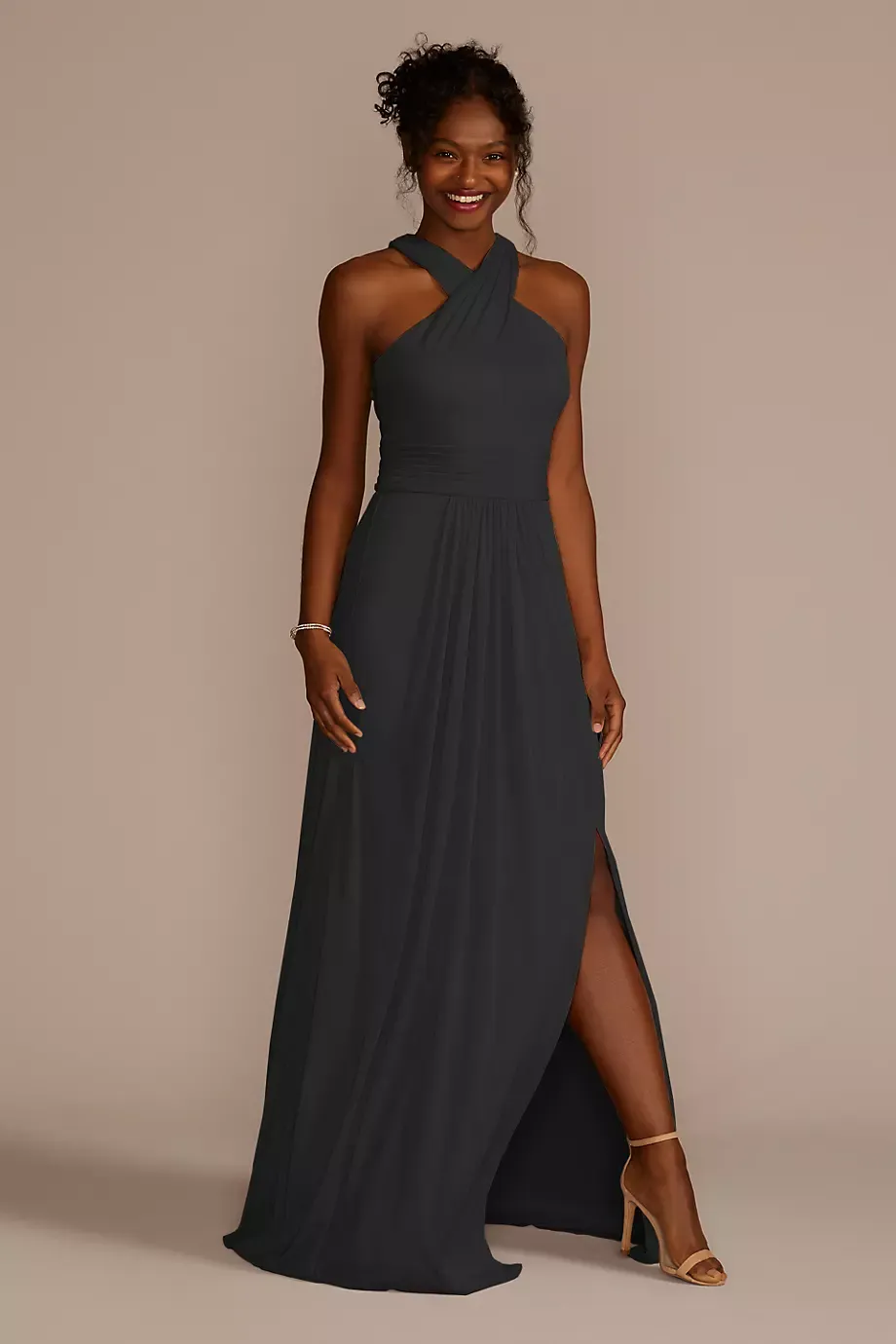 Celebrate DB Studio Crisscross High-Neck Mesh Dress in Black Size: 0 David's Bridal