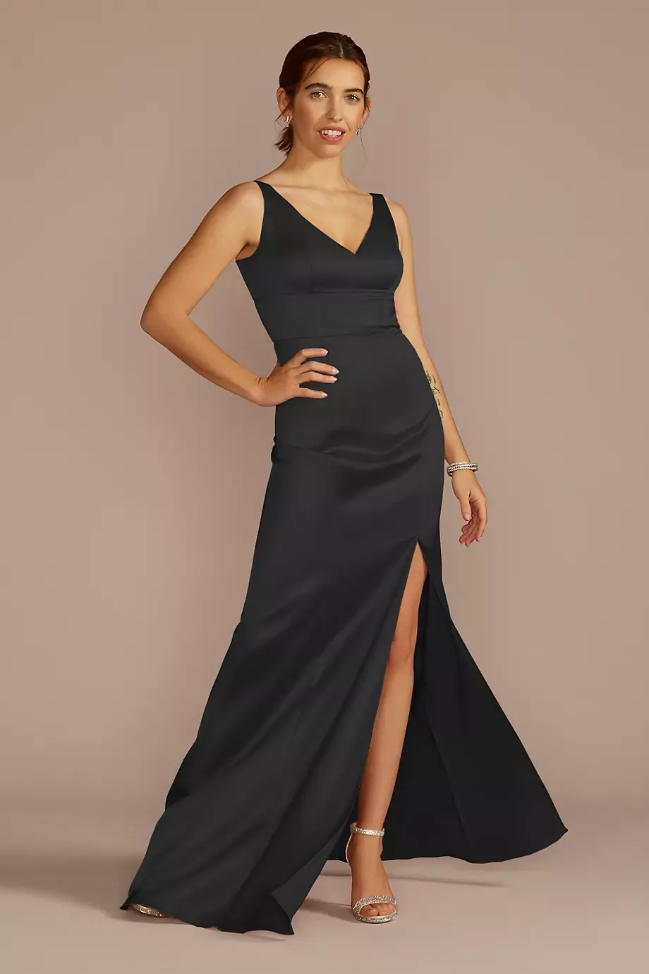 Celebrate DB Studio Stretch Satin V-Neck Tank Sheath Dress in Black Size: 18 David's Bridal