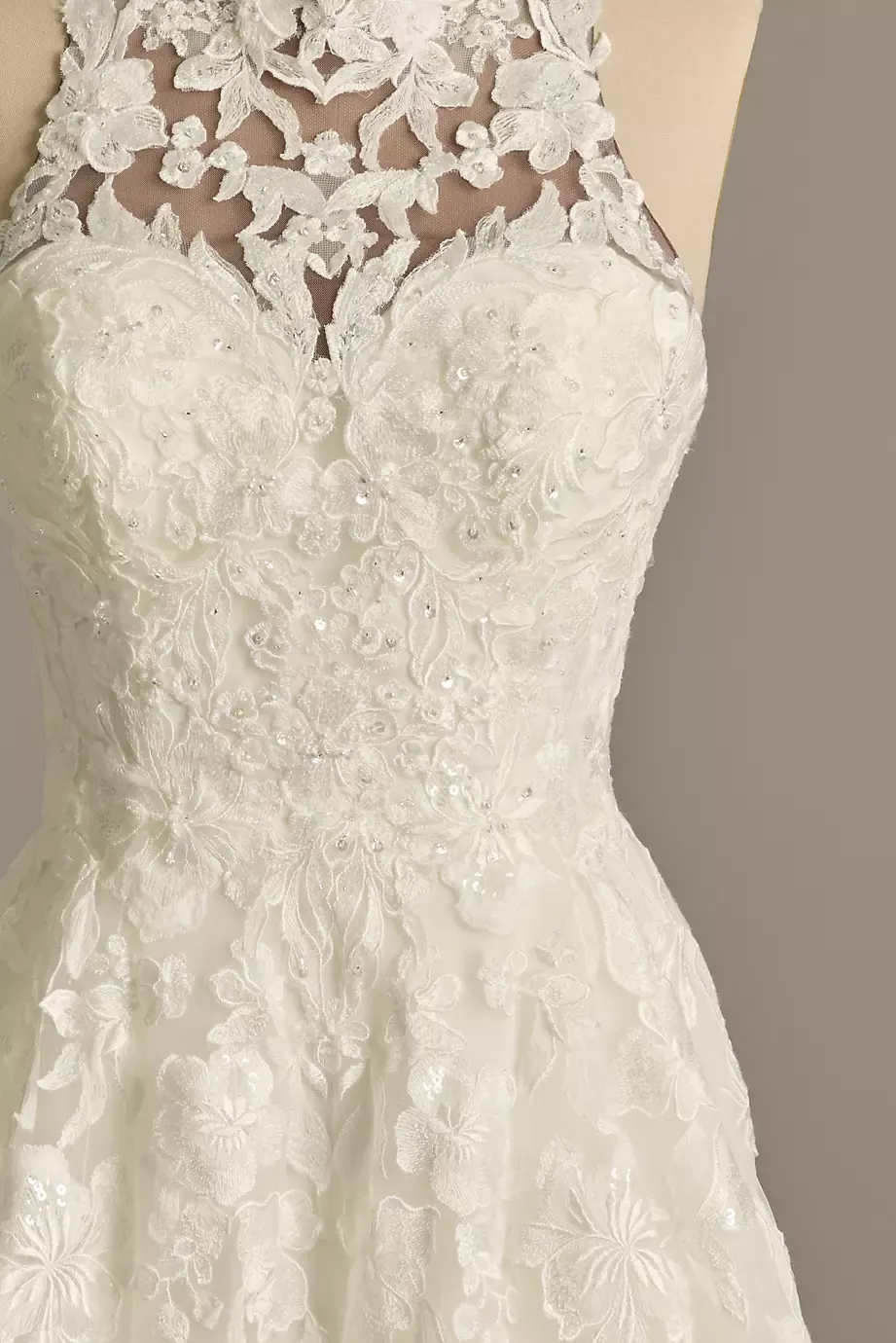 Oleg Cassini High Neck Lace Applique Tulle Wedding Dress in Soft White/Cocoa Size: 6 David's Bridal