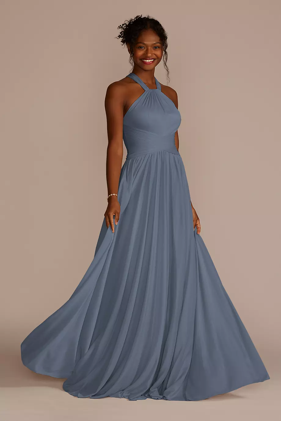 Celebrate DB Studio High-Neck Mesh Bridesmaid Dress With Full Skirt in Steel Blue Size: 0 David's Bridal