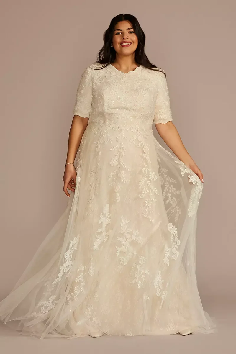 As Is Beaded Lace Elbow Sleeve Modest Wedding Dres in Ivory/Champagne Size: 18W David's Bridal