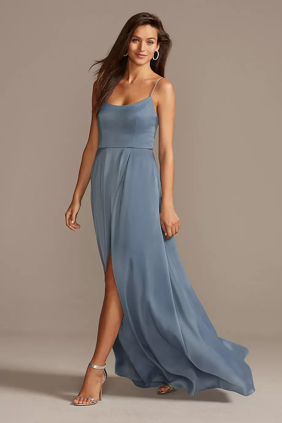 Celebrate DB Studio Crepe-Back Satin Spaghetti Strap Dress in Steel Blue Size: 30 David's Bridal