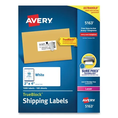 Avery 2 in. x 4 in. Shipping Labels with TrueBlock Technology for Laser Printers - White (10/Sheet, 100 Sheets/Box) - 05163