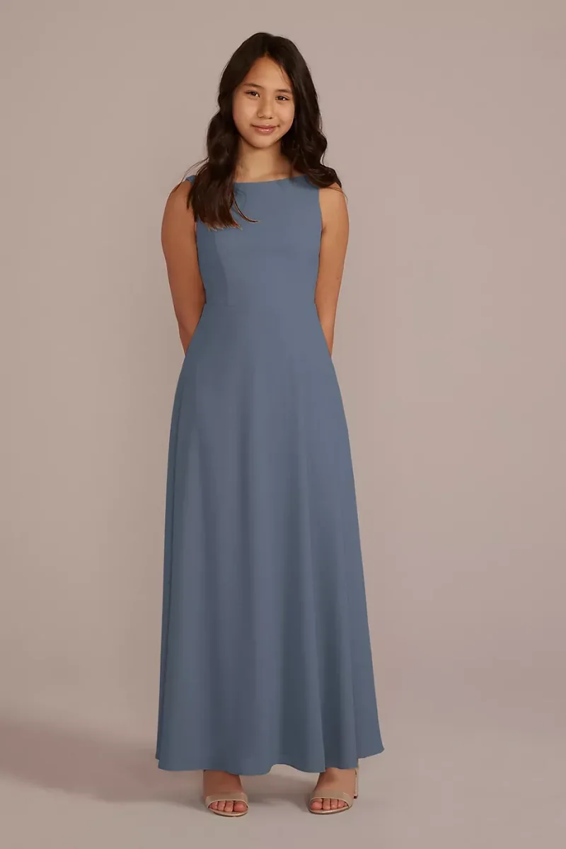 Celebrate DB Studio Chiffon Junior Bridesmaid Dress With Tie Back in Steel Blue Size: 14 David's Bridal