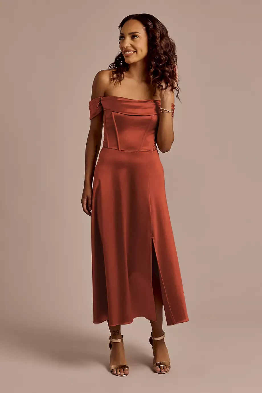 Celebrate DB Studio Off-The-Shoulder Sculpting Satin Midi Dress in Cinnamon Size: 12 David's Bridal