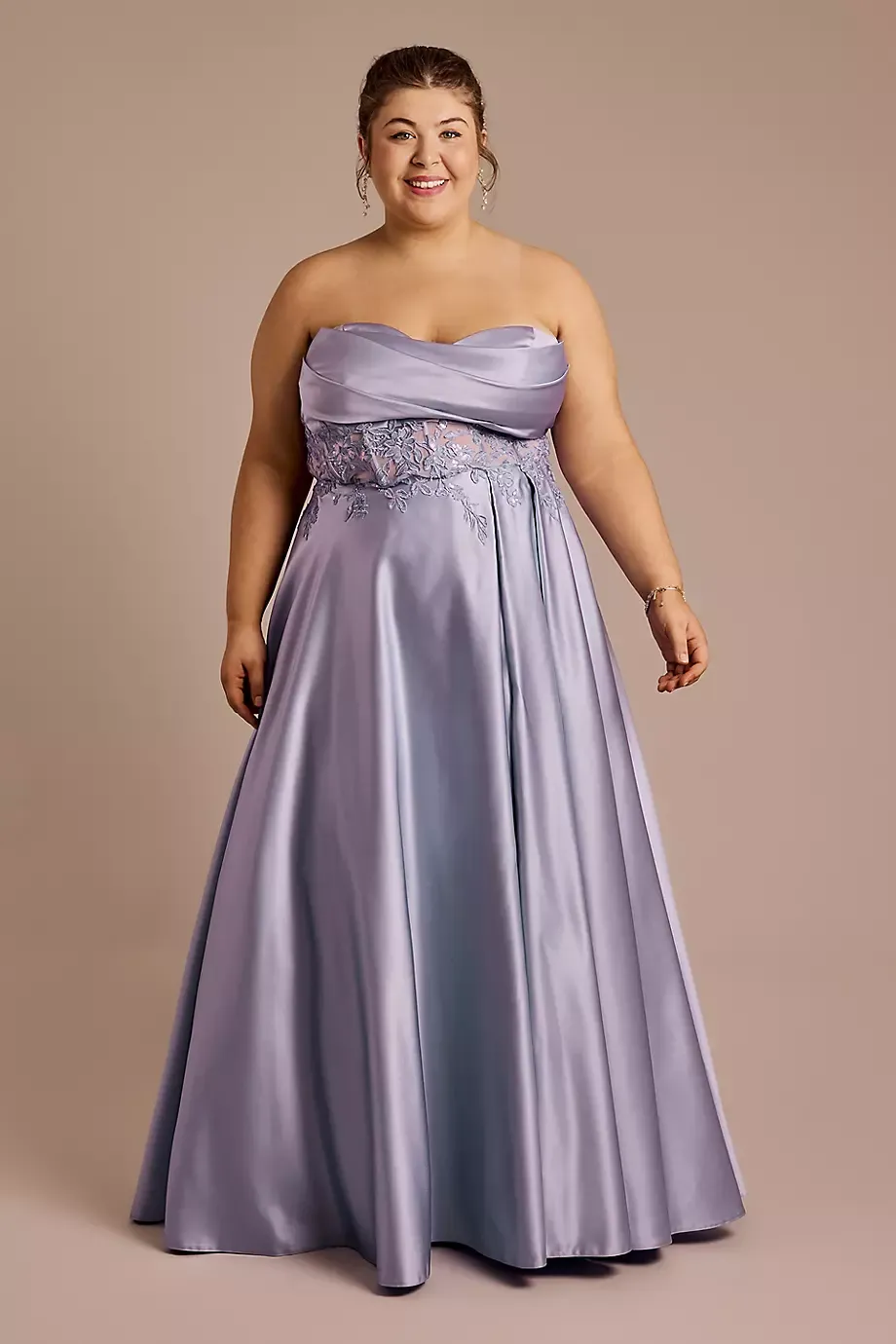 Jules and Cleo Draped Strapless Satin Appliqued Ball Gown in Bluebird Size: 20 David's Bridal