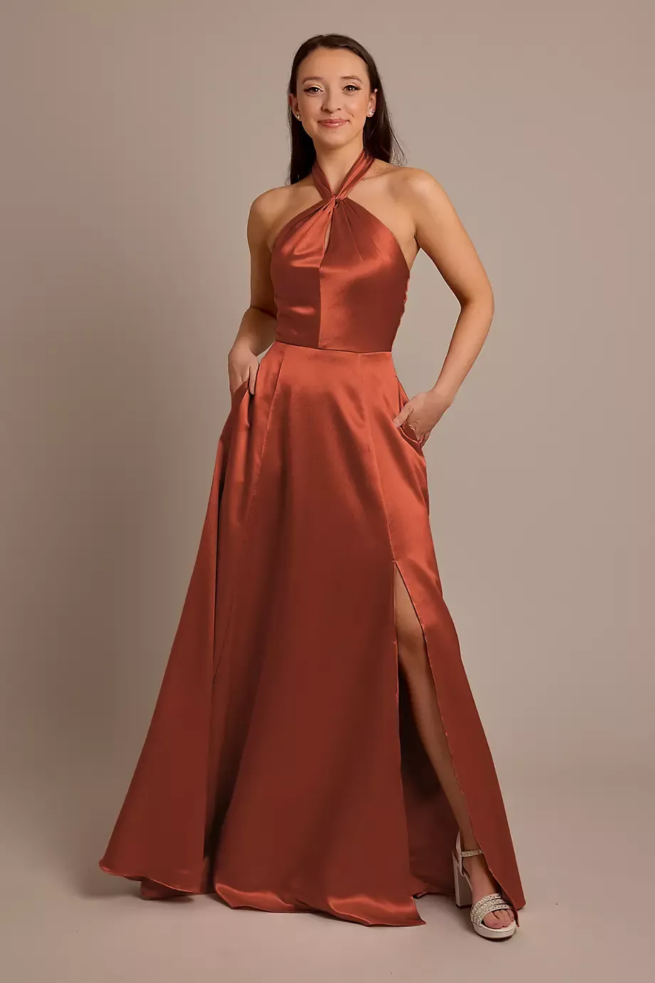 Celebrate DB Studio Luxe Charmeuse Halter Dress in Cinnamon Size: 18 David's Bridal