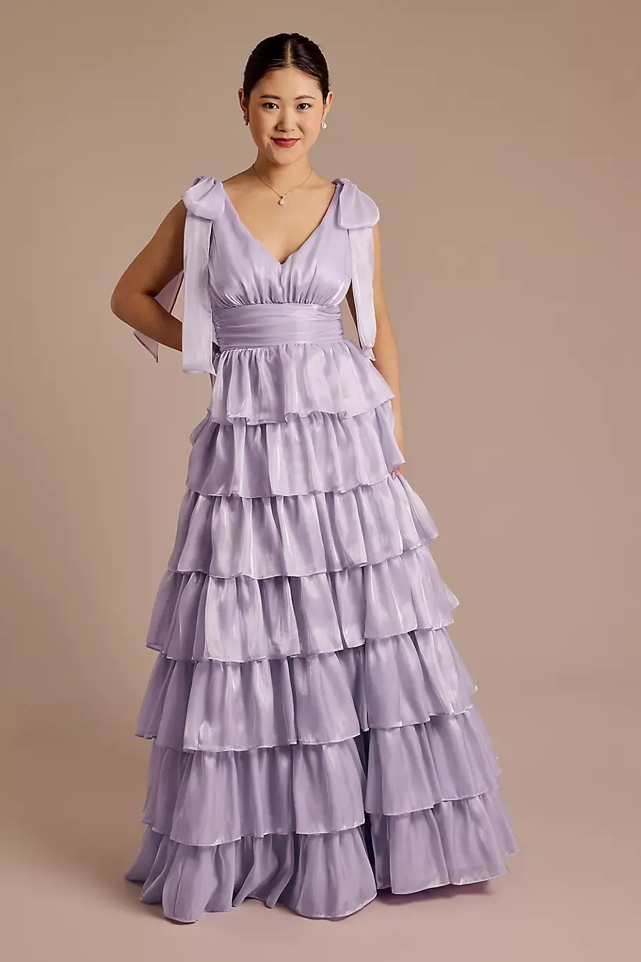 Next Up Ruffle Tier Organza Ball Gown With Bows in Lilac Size: 1 David's Bridal