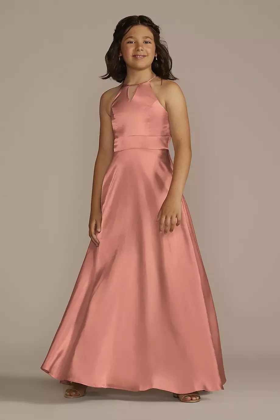 Galina Signature Charmeuse High-Neck Junior Bridesmaid Dress in Desert Coral Size: 10 David's Bridal
