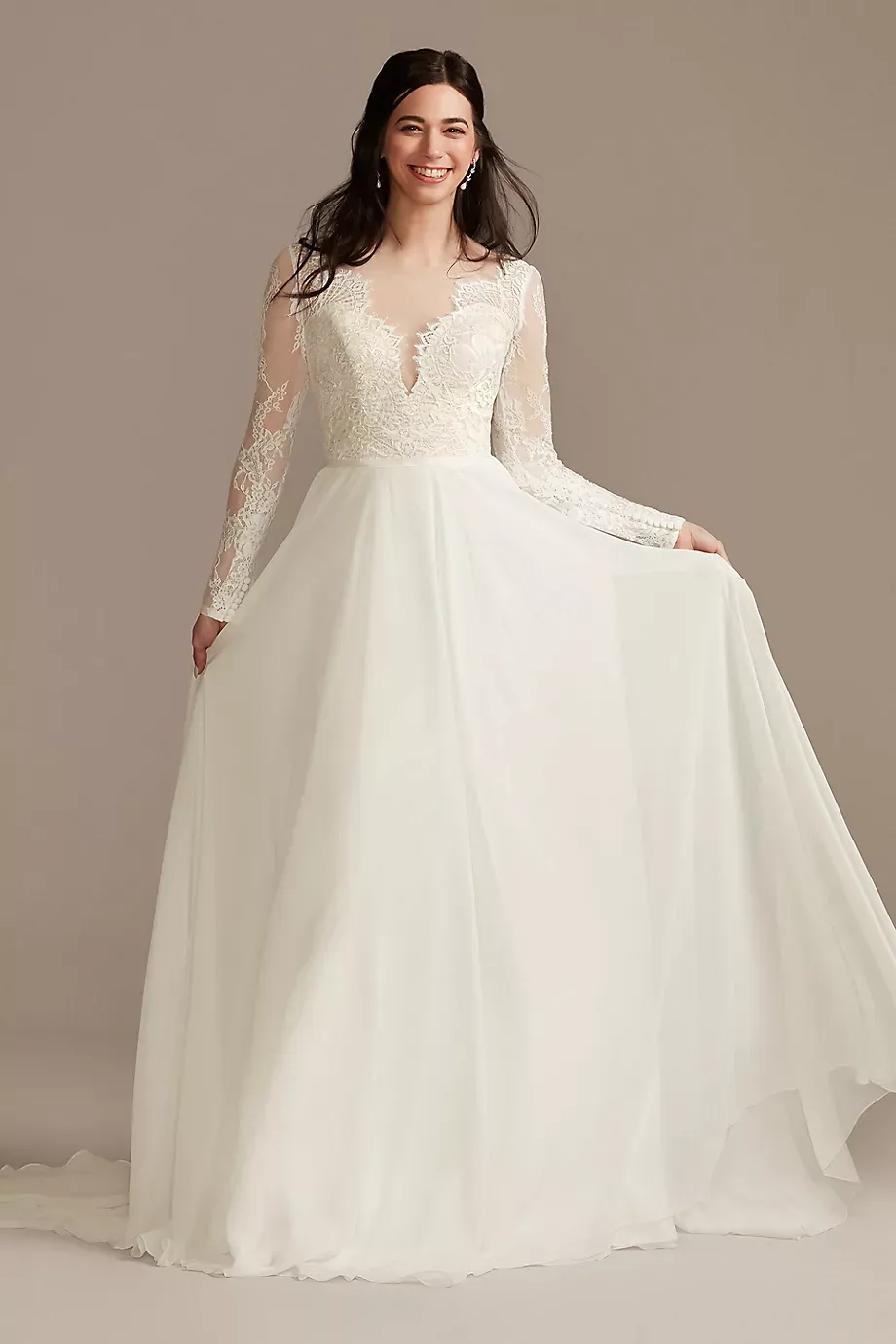 DB Studio Long Sleeve Plunge Lace Chiffon Wedding Dress in Solid Ivory Size: 10 David's Bridal