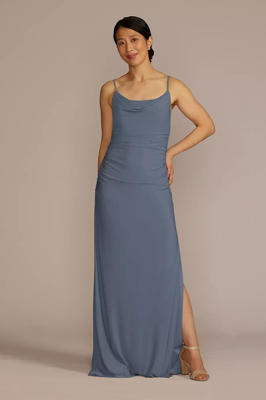 Celebrate DB Studio Ruched Jersey Spaghetti Strap Dress in Steel Blue Size: 2 David's Bridal